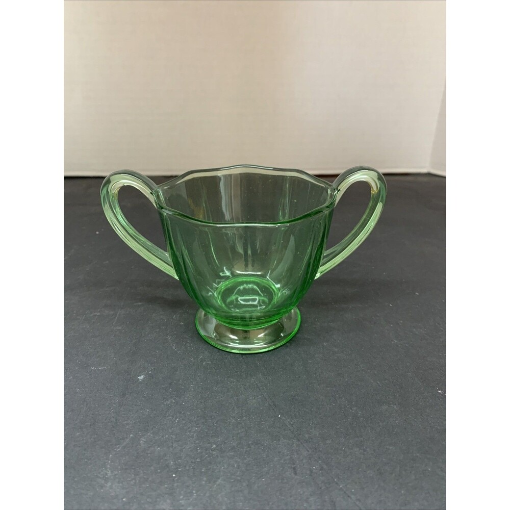 Vintage Green Uranium / Vaseline glass Fostoria Fairfax Green Footed Sugar 3” H